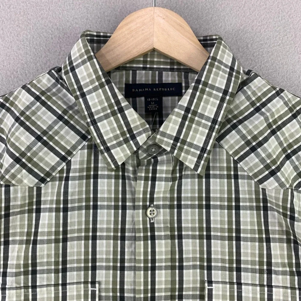 Banana Republic Plaid Western Button Down Men M Green Long Sleeve Shirt NWT